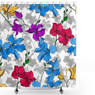 Personality  Vector Orchid Floral Botanical Flowers. Black And White Engraved Ink Art. Seamless Background Pattern. Shower Curtains