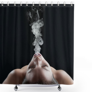 Personality  Woman Blowing Smoke Against Dark Background. Studio Fashion Phot Shower Curtains