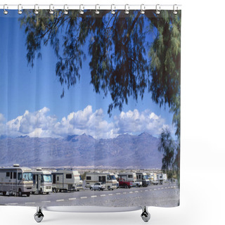 Personality  RV Campsite In The Desert Landscape Of Death Valley National Park,U.S.A. Shower Curtains