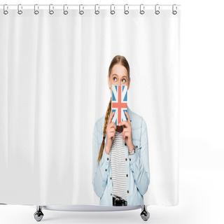Personality  Pretty Girl With Obscure Face Holding Book With Uk Flag Isolated On White Shower Curtains