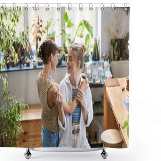 Personality  Two Women, A Loving Lesbian Couple, Stand Side By Side In An Art Studio, Exuding Tender Connection. Shower Curtains