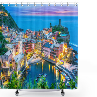 Personality  Picturesque Town Of Vernazza, In The Province Of La Spezia, Liguria, Italy After Sunset Shower Curtains