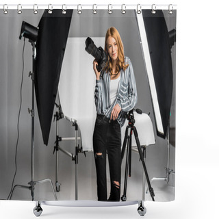 Personality  Attractive Young Female Photographer Working In Professional Photo Studio  Shower Curtains