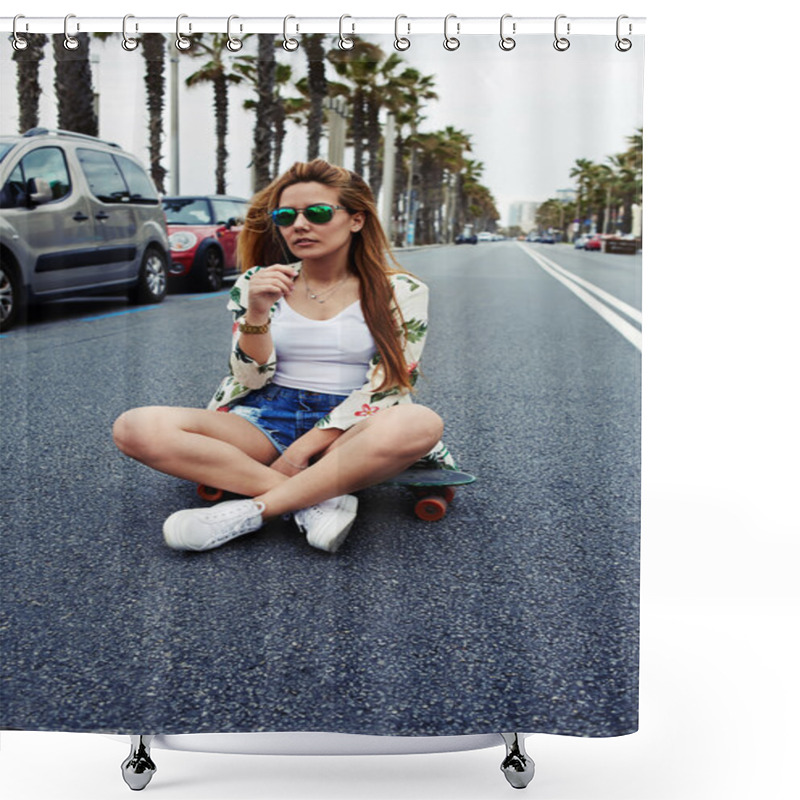 Personality  Hipster Girl Sitting  In The Middle Of Asphalt Road Shower Curtains