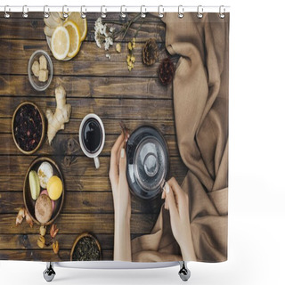 Personality  Glass Teapot In Hands Shower Curtains