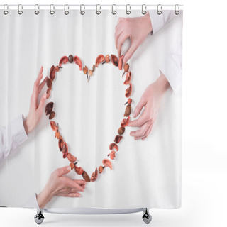 Personality  Cropped Image Of Couple Making Heart From Dried Fruits On Valentines Day Isolated On White Shower Curtains