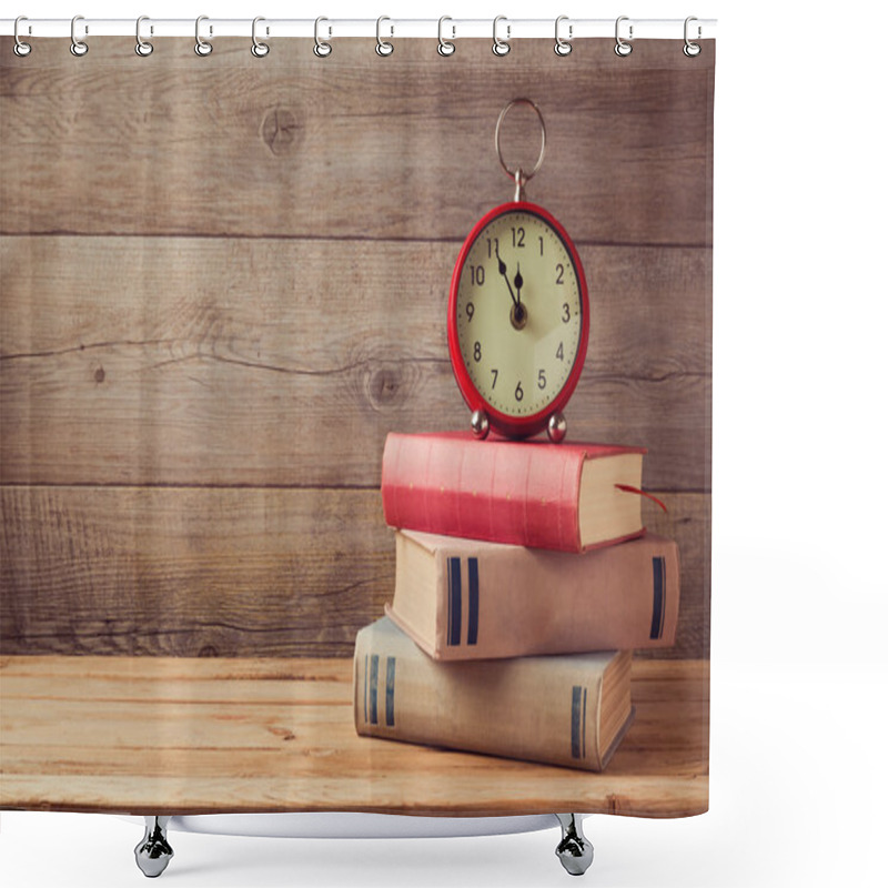 Personality  Books And Clock On Wooden Table Shower Curtains