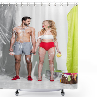 Personality  Sexy Pin Up Girl Holding Wet Sponge With Soap Near Shirtless Man On White  Shower Curtains
