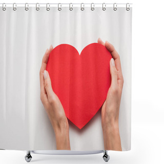 Personality  Cropped View Of Woman Holding Red Heart Shape Paper Cut On White  Shower Curtains