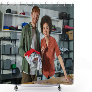 Personality  Positive Young Multiethnic Craftspeople Looking At Camera While Working With Clothes, Fabric And Sewing Patterns In Print Studio At Background, Ambitious Young Entrepreneurs Concept  Shower Curtains