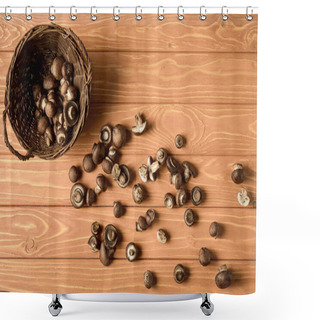 Personality  Top View Of Champignon Mushrooms In Basket On Wooden Surface Shower Curtains