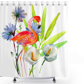 Personality  Watercolor Flamingo, Flowers Shower Curtains
