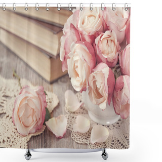 Personality  Pink Roses And Old Books Shower Curtains