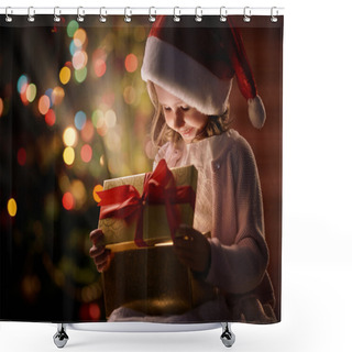 Personality  Girl In Santa Cap Looking At Gift Shower Curtains