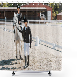 Personality  Handsome Equestrians Holding Horse Halter, Female Jockey Sitting On Horse At Ranch Shower Curtains