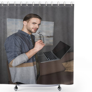 Personality  Young Stylish Businessman With Laptop At Modern Office Shower Curtains