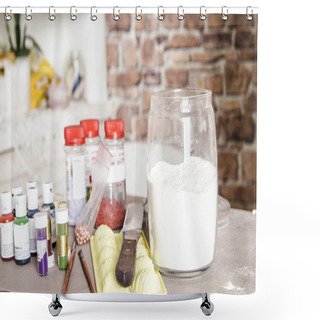 Personality  Kitchen Table With Ingredients Shower Curtains