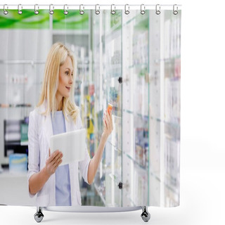 Personality  Pharmacist With Digital Tablet And Medication Shower Curtains