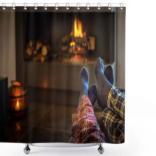 Personality  Couple Sitting In Front Of The Fireplace Relaxes With The Warm Fire By Warming Their Feet. Concept Of Winter Holidays, Christmas Holidays And Love On Valentines Day Shower Curtains
