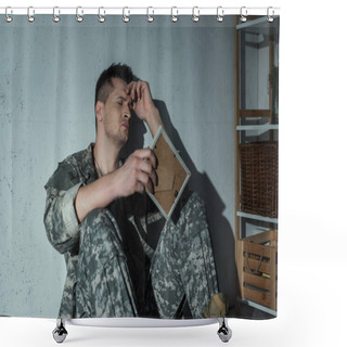 Personality  Military Veteran With Emotional Distress Holding Photo Frame At Home At Night  Shower Curtains