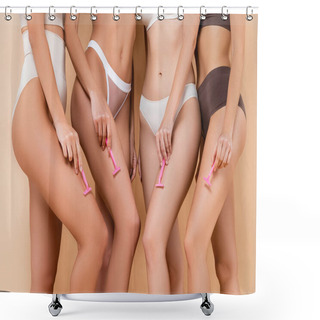 Personality  Cropped View Of Sexy Women Posing With Safety Razors On Beige Shower Curtains