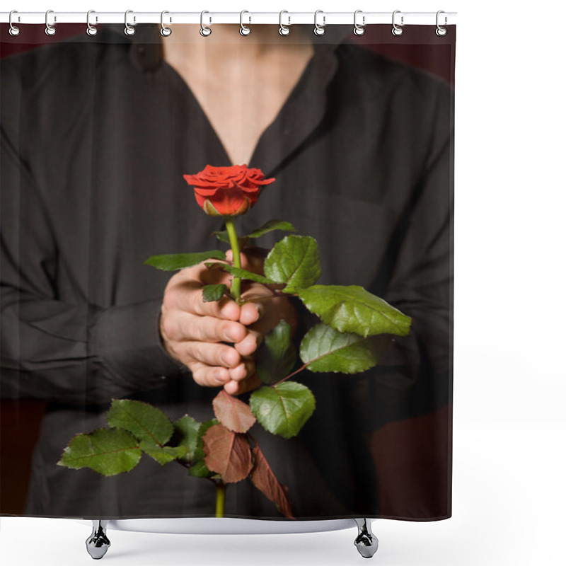 Personality  Close Up Of Young Man With Rose In Black Shirt Shower Curtains