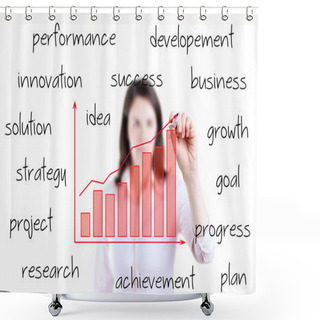 Personality  Young Business Woman Writing Growth Graph With Business Related Text, White Background. Shower Curtains