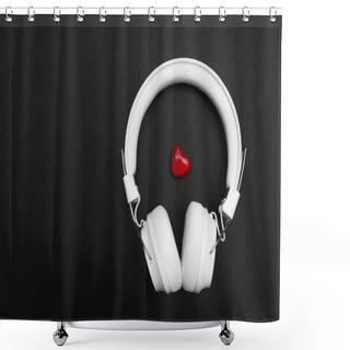 Personality  White Headphones With Small Red Heart Decoration On Black Background, Valentine Day Gift, Listen To Your Heart Concept Shower Curtains