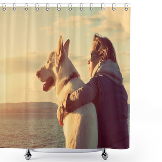 Personality  Young Attractive Girl With Her Pet Dog At A Beach, Colorised Image Shower Curtains