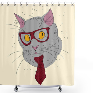 Personality  Fashion Portrait Of Hipster Cat In Big Nerd Glasses And Striped Tie Shower Curtains