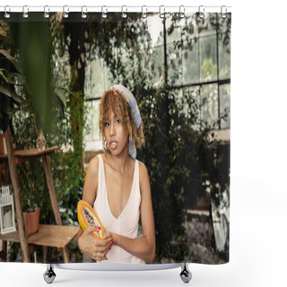 Personality  Fashionable Young African American Woman In Headscarf And Summer Dress Holding Fresh Papaya And Looking At Camera While Spending Time In Orangery, Stylish Lady Blending Fashion And Nature Shower Curtains
