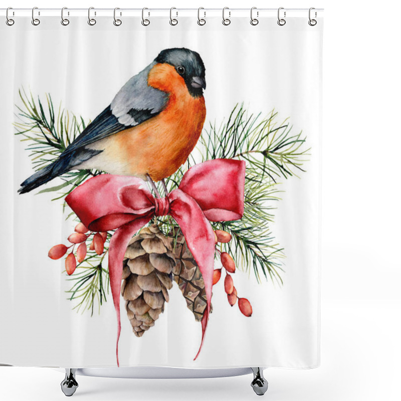 Personality  Watercolor Christmas Card With Bullfinch And Winter Design. Hand Painted Bird With Pine Cones, Red Bow, Berries, Fir Branch Isolated On White Background. Holiday Symbol For Design, Print. Shower Curtains