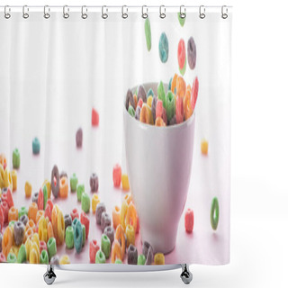 Personality  Bright Multicolored Breakfast Cereal Scattered Around Bowl On White Background, Panoramic Shot Shower Curtains