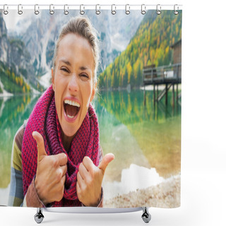 Personality  Portrait Of Happy Young Woman On Lake Braies In South Tyrol, Ita Shower Curtains