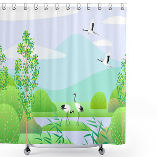 Personality  Nature Background With Wetland Scene And Japanese Cranes. Spring Landscape With Mountains, Green Trees, Reed And Birds.  Vector Flat Illustration.  Shower Curtains