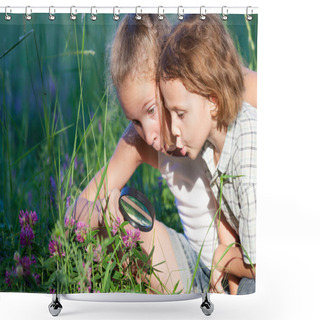 Personality  Two Happy Children  Playing In The Park At The Day Time. Shower Curtains