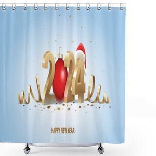 Personality  Happy New Year 2024. Golden 3D Numbers With Santa Hat, Red Christmas Ball And Confetti On A Light Blue Background. Shower Curtains