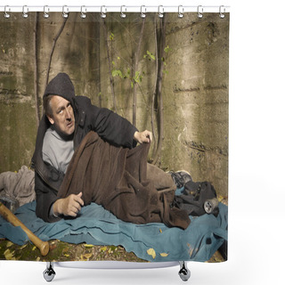 Personality  Ugly Pauper Man Living Outdoor Sleeping, Relaxing And Laying Alone On Hidden Urban Place Shower Curtains