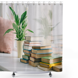 Personality  Potted Plant With Green Leaves And Books On Windowsill Shower Curtains