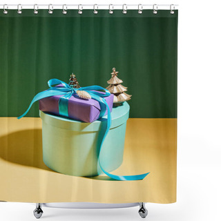 Personality  Gift Box With Golden Christmas Decoration On Green And Yellow Background Shower Curtains