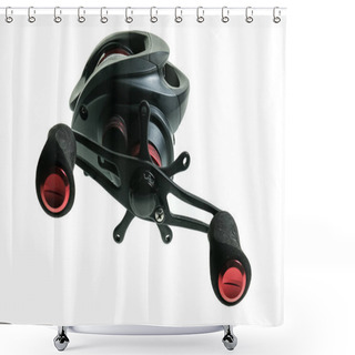 Personality  Close Up Of A Black Bait Caster Fishing Reel Spooled With Braided Mailing Isolated On A Plain White Background Shower Curtains