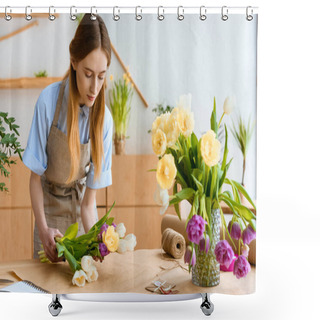 Personality  Young Florist In Apron Arranging Beautiful Tulip Flowers At Workplace Shower Curtains