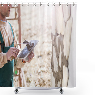 Personality  Builder Putting Stones On Wall Shower Curtains