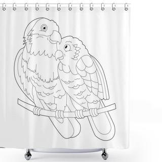 Personality  Contour Linear Illustration For Coloring Book With Decorative Parrots. Beautiful Tropic Bird,  Anti Stress Picture. Line Art Design For Adult Or Kids  In Zen-tangle Style, Tattoo And Coloring Page. Shower Curtains