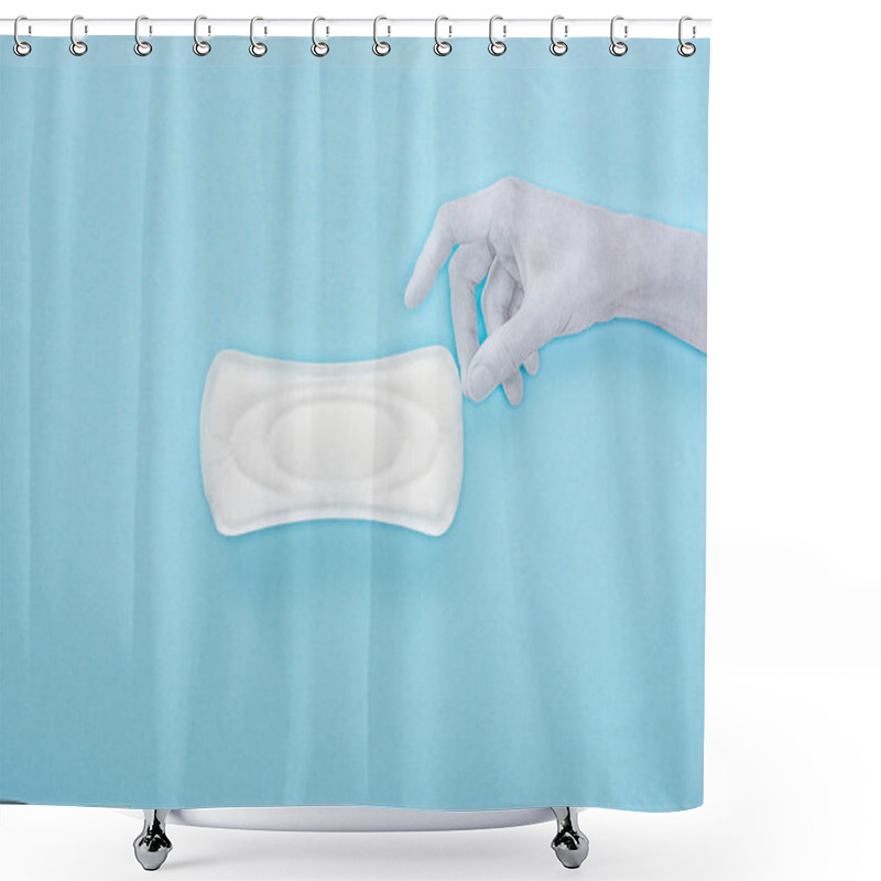 Personality  Top View Of White Paper Hand And Cotton Sanitary Towel On Blue Background Shower Curtains