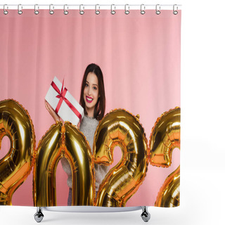 Personality  Happy Woman Holding Present Near Balloons In Shape Of 2022 Numbers Isolated On Pink  Shower Curtains