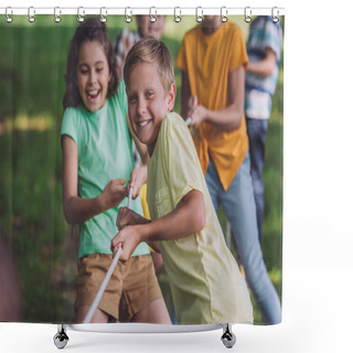 Personality  Selective Focus Of Happy Children Competing In Tug Of War  Shower Curtains