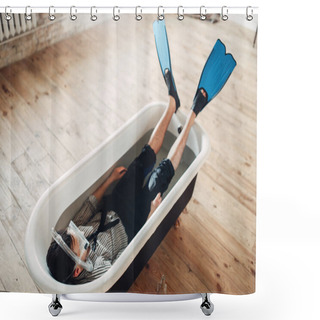 Personality  Funny Businessman In Flippers And Mask Lies In Bathtub, Humor. Business Lottery Concept Shower Curtains