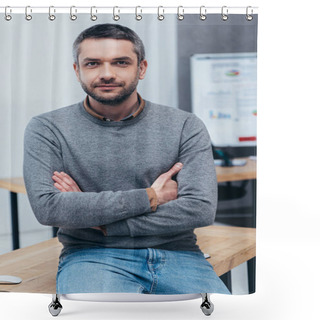 Personality  Handsome Bearded Businessman Sitting On Table With Crossed Arms And Looking At Camera Shower Curtains