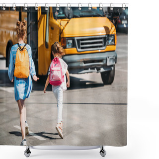 Personality  Rear View Of Schoolgirls With Backpacks Running To School Bus Shower Curtains